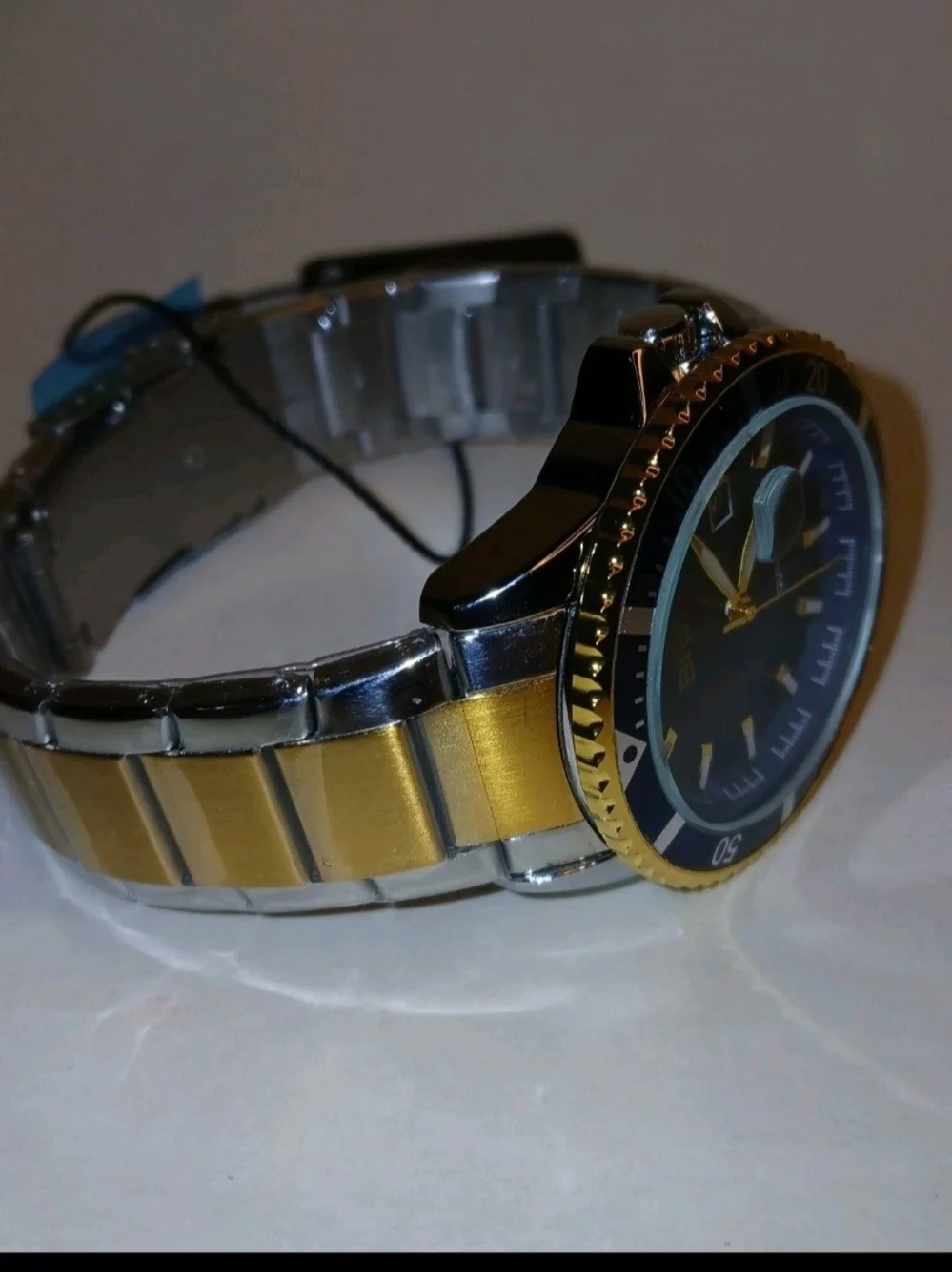 BiBi Quartz Diver Style Date Watch Blue Dial Silver Case Silver Gold Band New